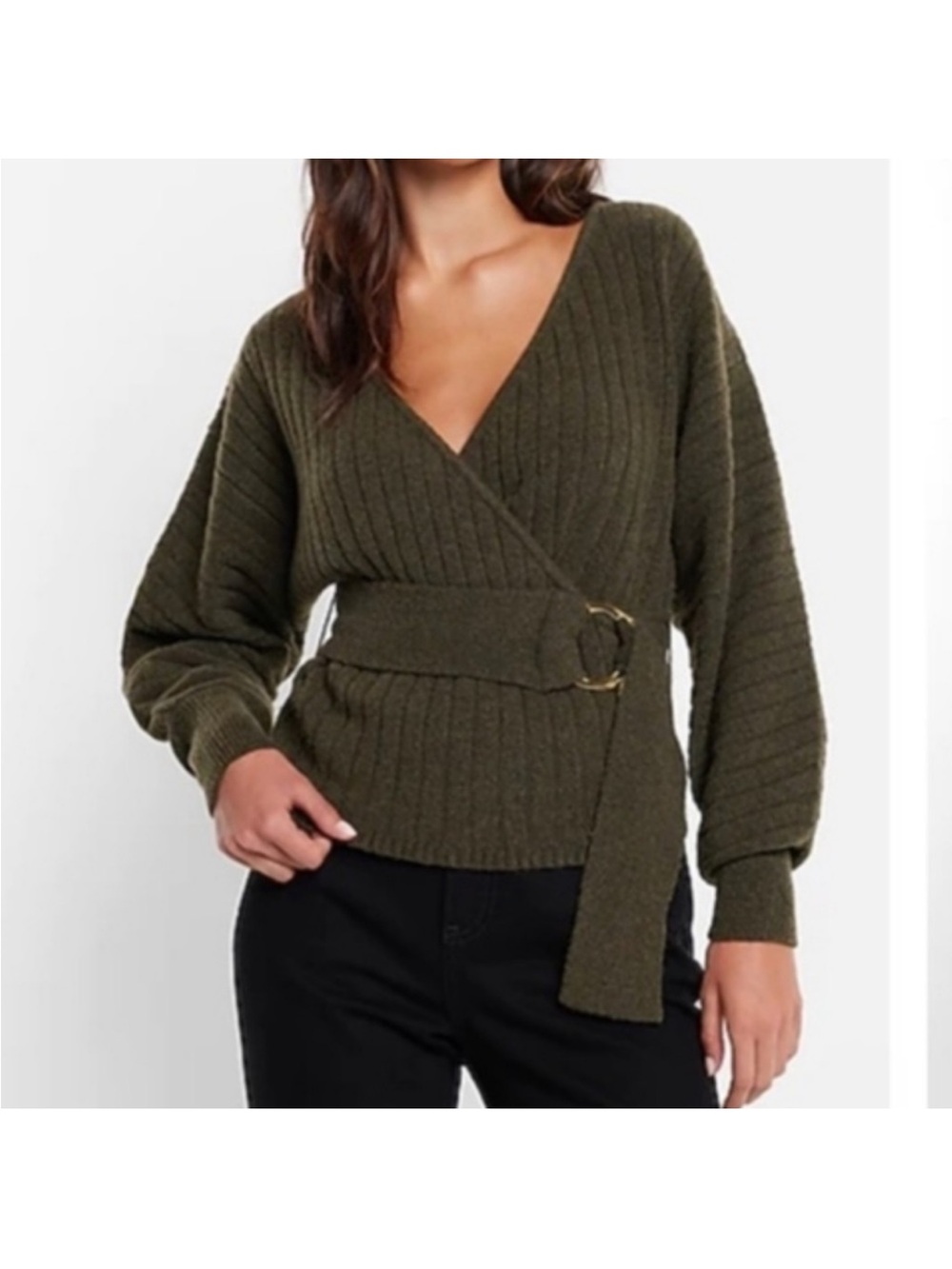 Express Ribbed Belted Faux Wrap Sweater
